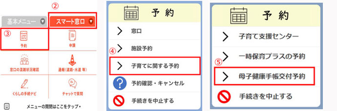 豊田市LINE公式アカウント　「スマート窓口」を選択「予約」を選択「＞子育てに関する予約」を選択「＞母子健康手帳交付予約」を選択