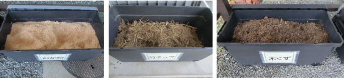 提供する基材(左からおが粉、竹チップ、木くず)